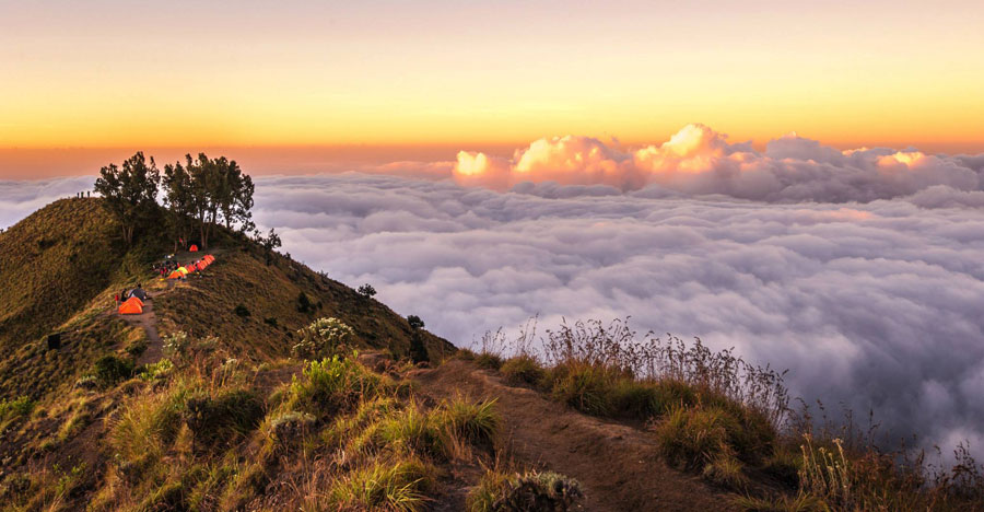 A campsite us with an altitude 2639 m in the crater Plawangan Sembalun shrouded in clouds of Mount Rinjani, incredible!